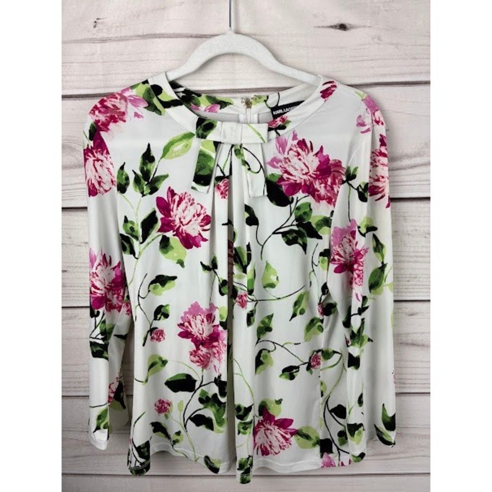 Karl Lagerfeld Paris Womens Medium White Pink Floral Bow Neck Blouse Long Sleeve